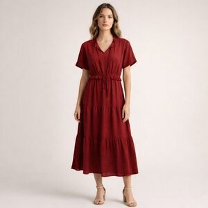 Prettygarden Red Tiered Midi Dress Boho Short Sleeve Size S